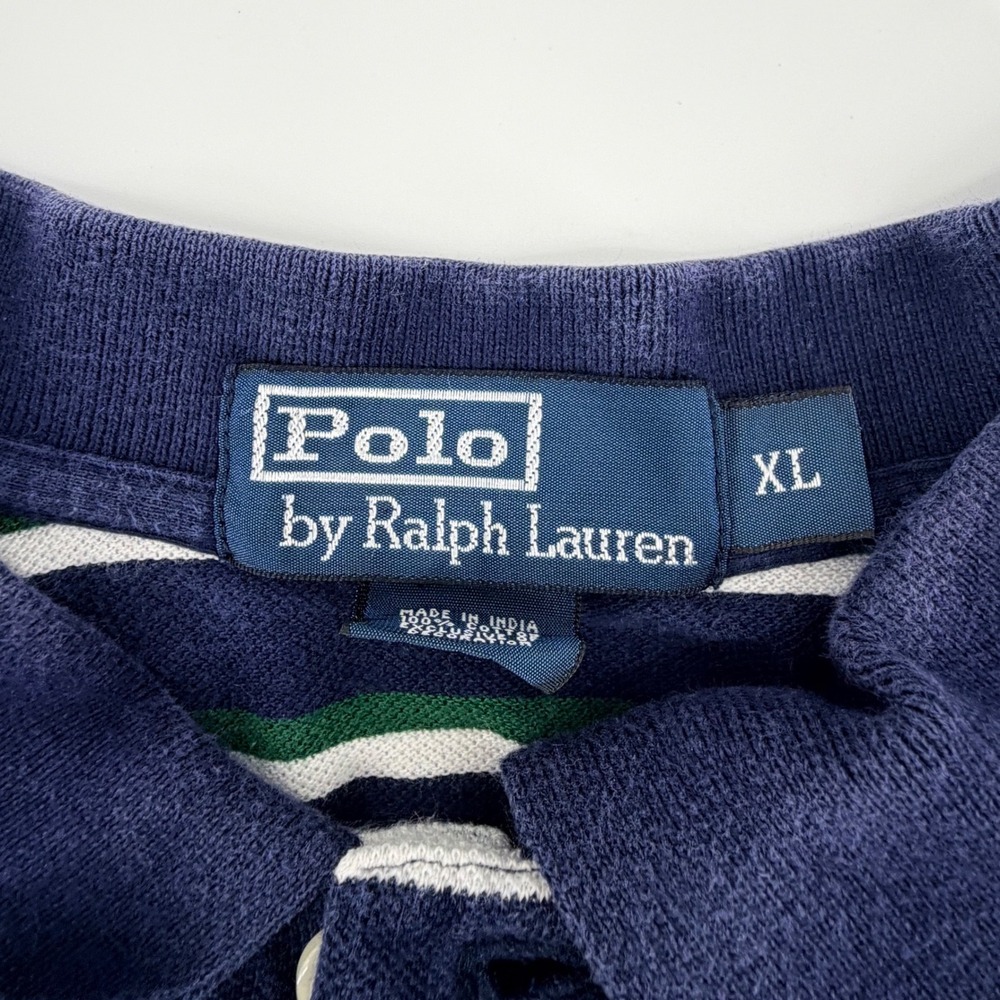 Polo Ralph Lauren Mens XL Striped Polo Shirt Navy Blue Green White Yellow Pony - Picture 3 of 6